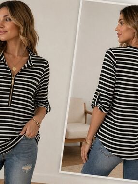 Calvin Klein Striped Zip Neck Top Women’s Large Black White Contemporary Minimal
